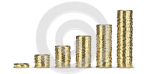Golden coins stacks. 3D render, isolated on white background