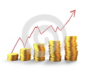 Golden coins stacks with arrow up trend chart, 3D illustration