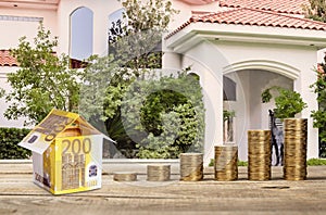 Golden coins stacks on background