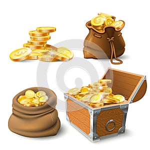 Golden coins stacks. Coin in old sack, large gold pile and chest