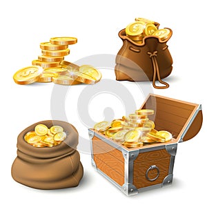 Golden coins stacks. Coin in old sack, large gold pile and chest photo