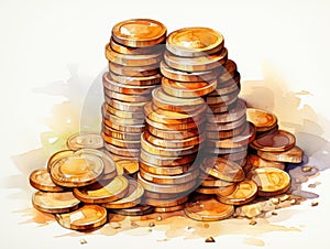 Golden coins stacks illustration. Savings and wealth concept. Finance income, lots of money, business profits. Gold coin pile