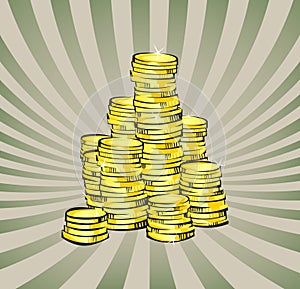 Golden coins stacks. Retro illustraion. photo