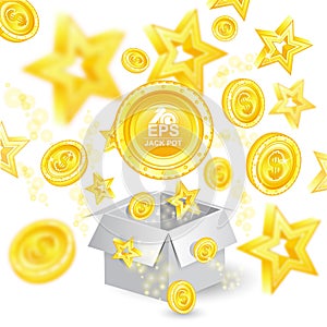 Golden coins and stars with depth of field effect flying from open gift box