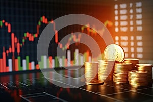Golden coins and stock market graph background, business and financial concept
