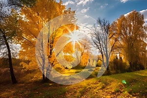 Golden color autumn forest landscape with red, orange foliage in the fall park