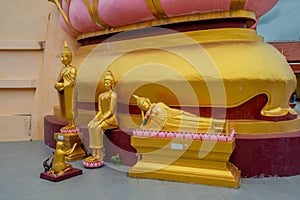 Golden color buddha statues in the temple. Thailand