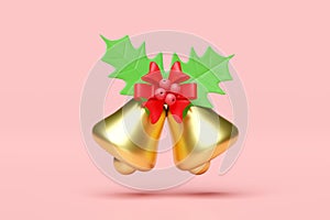 golden color Jingle bell with red bow, holly berry leaves isolated on pink background. merry christmas and happy new year, 3d