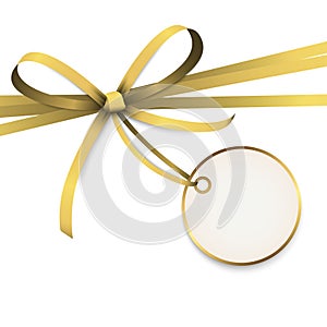 golden colored ribbon bow with hang tag