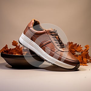 Golden-colored Sneakers With Autumn Leaves And Bowl - Frank Lloyd Wright Style