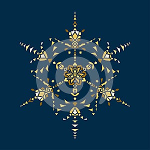 Golden colored stencil snowflake for winter celebration decoration Christmas and New Year greeting card