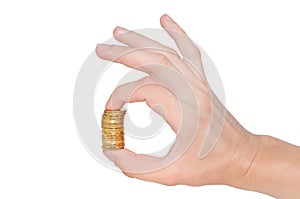 Golden Column coins and hand