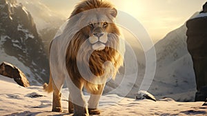 The Golden Compass: A Cinematic Still Of A Lion In Snowy Mountains