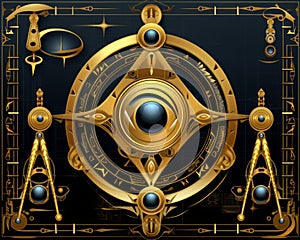 a golden compass and other objects on a black background