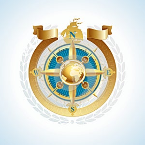 Golden compass rose with globe & ribbon