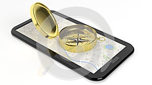 Golden compass on tablet screen with map