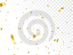 Golden confetti background. Celebrate event card. Glitter falling paper. Anniversary party. Carnival serpentine and