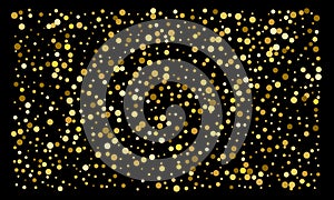 Golden confetti on black background. Luxury festive background. Gold shiny abstract texture. Element of design. Polka dots