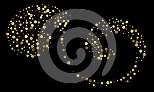 Golden confetti on black background. Luxury festive background. Gold shiny abstract texture. Element of design. Polka dots