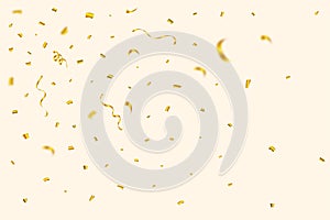 Golden confetti explosion isolated on an off-white background. Golden party tinsel and confetti falling. Festival elements.