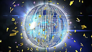 Golden confetti falling over shining disco ball against blue spots of light on black background