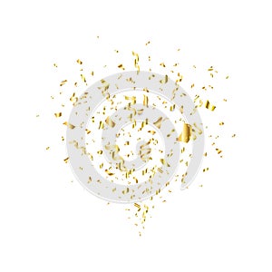 Golden confetti flying on white background. Party gold confetti, serpentine. Confetti explosion. Bright festive tinsel