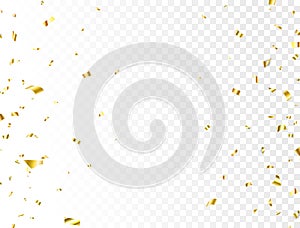 Golden confetti frame. Glitter gold confetti flying on transparent background. Shiny party frame. Bright festive tinsel.