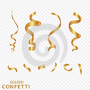 Golden confetti, ribbons isolated on a transparent background. Festive vector illustration. Festive event and party.