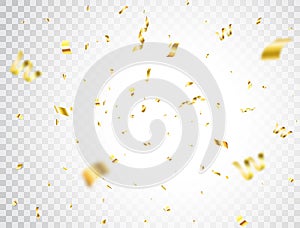 Golden confetti on transparent background. Luxury gold confetti border. Bright festive tinsel. Celebration party