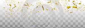 Golden Confetti. Vector Festive Illustration of Falling Shiny Confetti Isolated on Transparent Checkered Background. Holiday