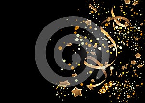 Golden Confetti. Vector Festive Illustration of Falling Shiny Confetti Isolated on Transparent Checkered Background