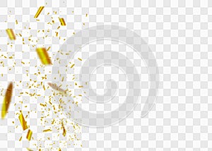 Golden Confetti. Vector Festive Illustration of Falling Shiny Confetti Isolated on Transparent Checkered Background. Holiday