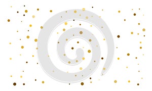Golden confetti on white background. Luxury festive background. Gold shiny abstract texture. Element of design. Polka dots