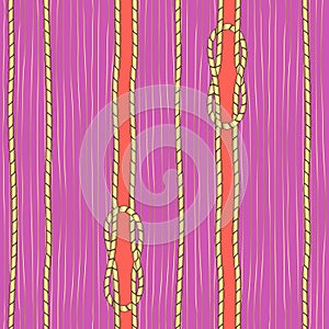 Golden cords with knots. Seamless vertical vector pattern on bright background.