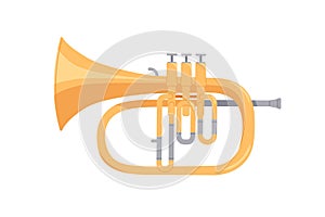 Golden cornet, brass wind music instrument. Classical realistic twisted trumpet. Colored flat cartoon vector
