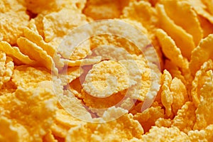 Golden cornflakes background and texture. View from above. cornflakes healthy breakfast. Close-up. macro