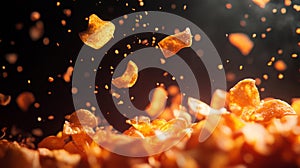 Golden Cornflakes Falling on Dark Background