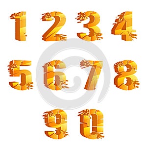 Golden cracked breaking pieces 3D realistic numbers broken design vector illustration