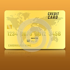 Golden credit card icon with world map, isolated on colorful background with reflection and shadow.