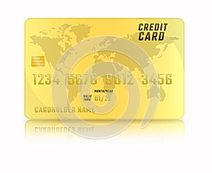 Golden credit card icon with world map, isolated on white background with reflection and shadow.