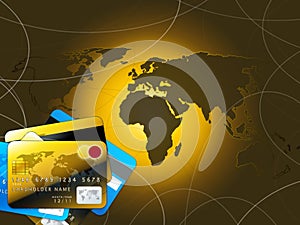 Golden credit cards and world map