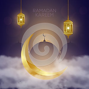 Golden crescent in clouds, lantern Fanus and Mosque. Muslim feast of the holy month of Ramadan Kareem. Vector