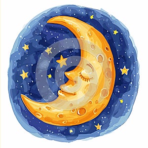 Golden crescent moon cradled navy blue night sky adorned twinkling stars. Cheerful moon photo