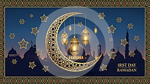 Golden crescent moon hanging lanterns and stars over mosque silhouette Ramadan Islamic