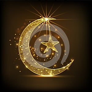 Golden crescent moon and star for Eid celebration.