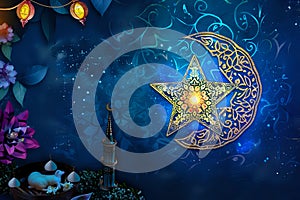 Golden Crescent Moon and Star in Vibrant Ramadan Night Sky Artistic Representation