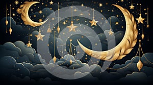 golden crescent moon and stars in the night sky