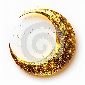 Golden Crescent Moon with Twinkling Stars on White Background photo