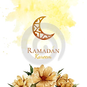 Golden crescent moon watercolor ornament with watercolor splash background and golden flowers illustration