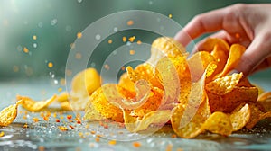 Golden Crispy Potato Chips Falling. Generative ai